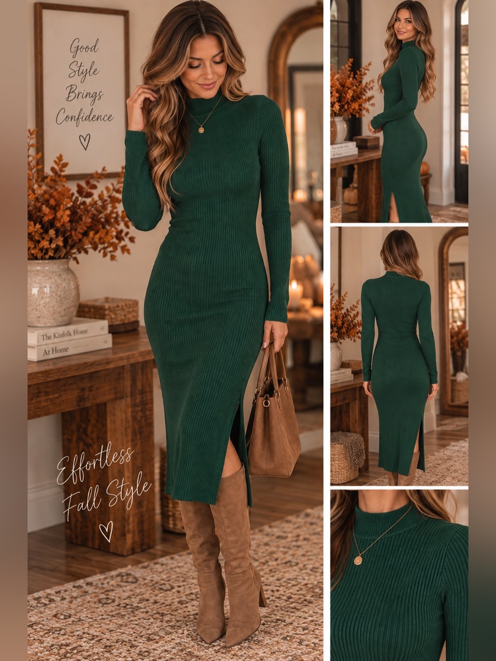 Windsor Forest Green Ribbed Midi Dress with Side Slit - Size Small
